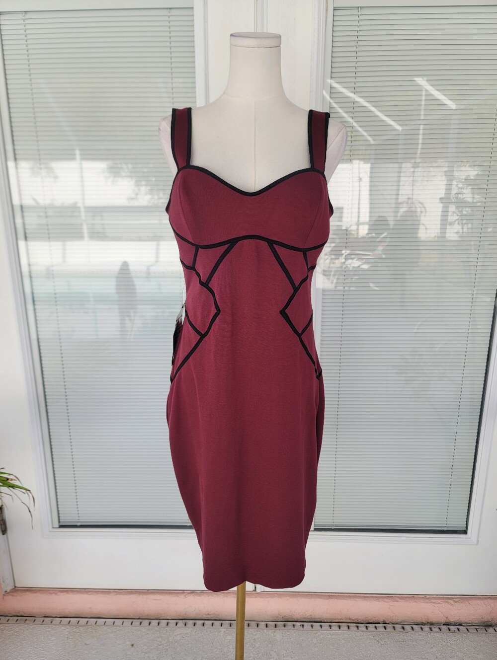 NWT Bebe Belle Du Jour Stacy Zig Zag Stitch Dress Burgundy Red L Archival Y2K